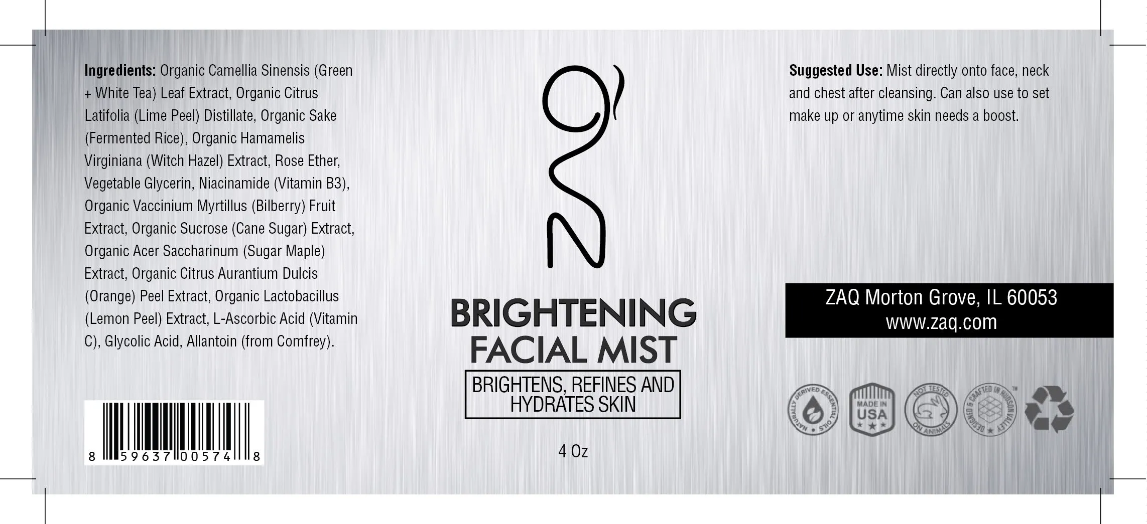 ZAQ Brightening Organic Sake   Lime Facial Mist 4oz - Brightens, Refines And Hydrates Skin