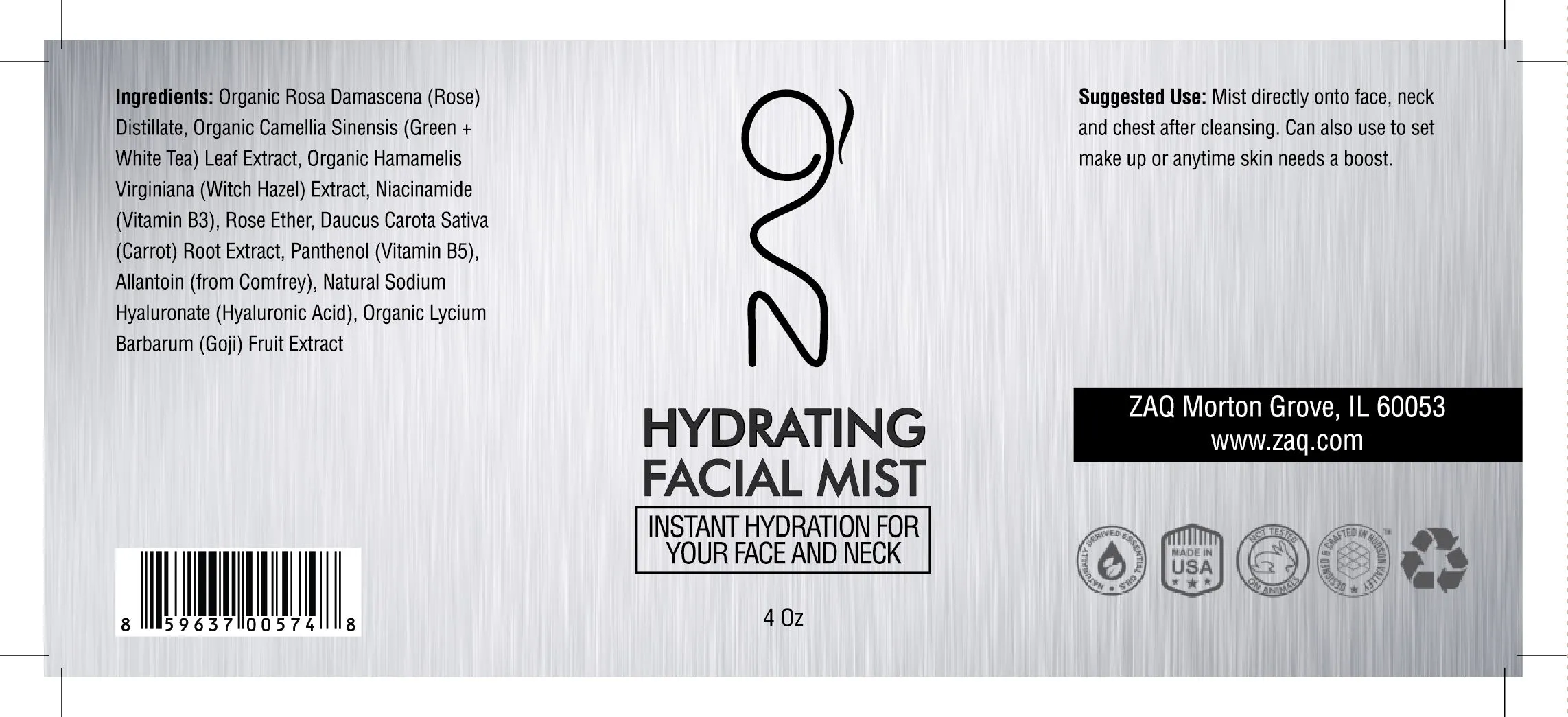 ZAQ Hydrating Organic Rose   Goji Facial Mist 4oz - Instant Hydration For Your Face And Neck